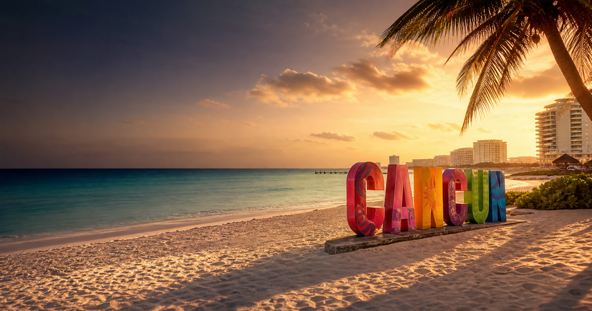 Playa de Cancún al atardecer con cartel colorido